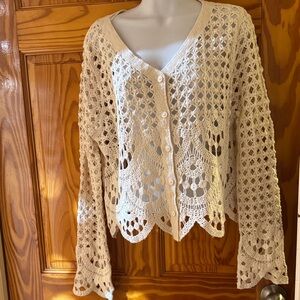 Ultra Pink Cream Crochet Openwork V-Neck Button Cardigan